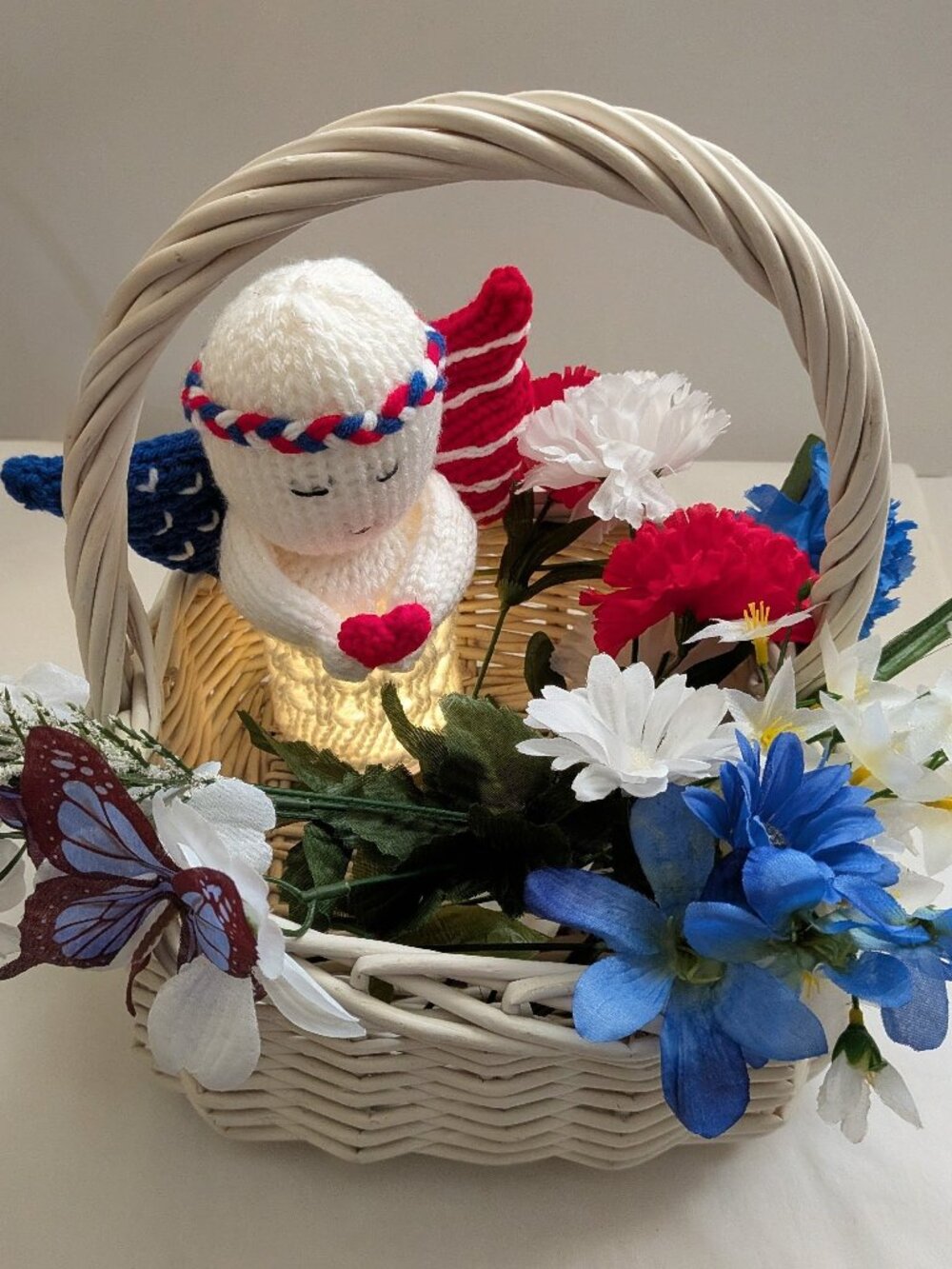 Handmade Patriotic Crochet Angel Basket Lighted Mason Jar Memorial Home Nursery
